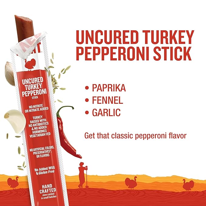 Vermont Smoke & Cure - Turkey Uncured Pepperoni Meat Sticks - Protein Snacks - On the Go Healthier Snack for Adults & Kids - 24 Count