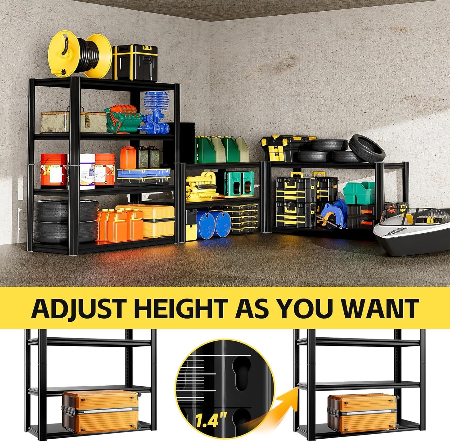 4-Tier Garage Shelving Unit - 40" W x 20" D x 60" H, 2500LBS Metal Industrial Storage Rack, Adjustable Heavy Duty Shelves for Garage (Black)