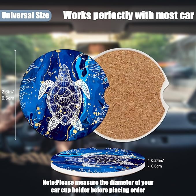 Sea Turtle Car Cup Holder Coaster - Blue Marble Absorbent Ceramic Coaster, Car Coasters for Cup Holders, Auto Accessories for Women & Men, Pack of 2