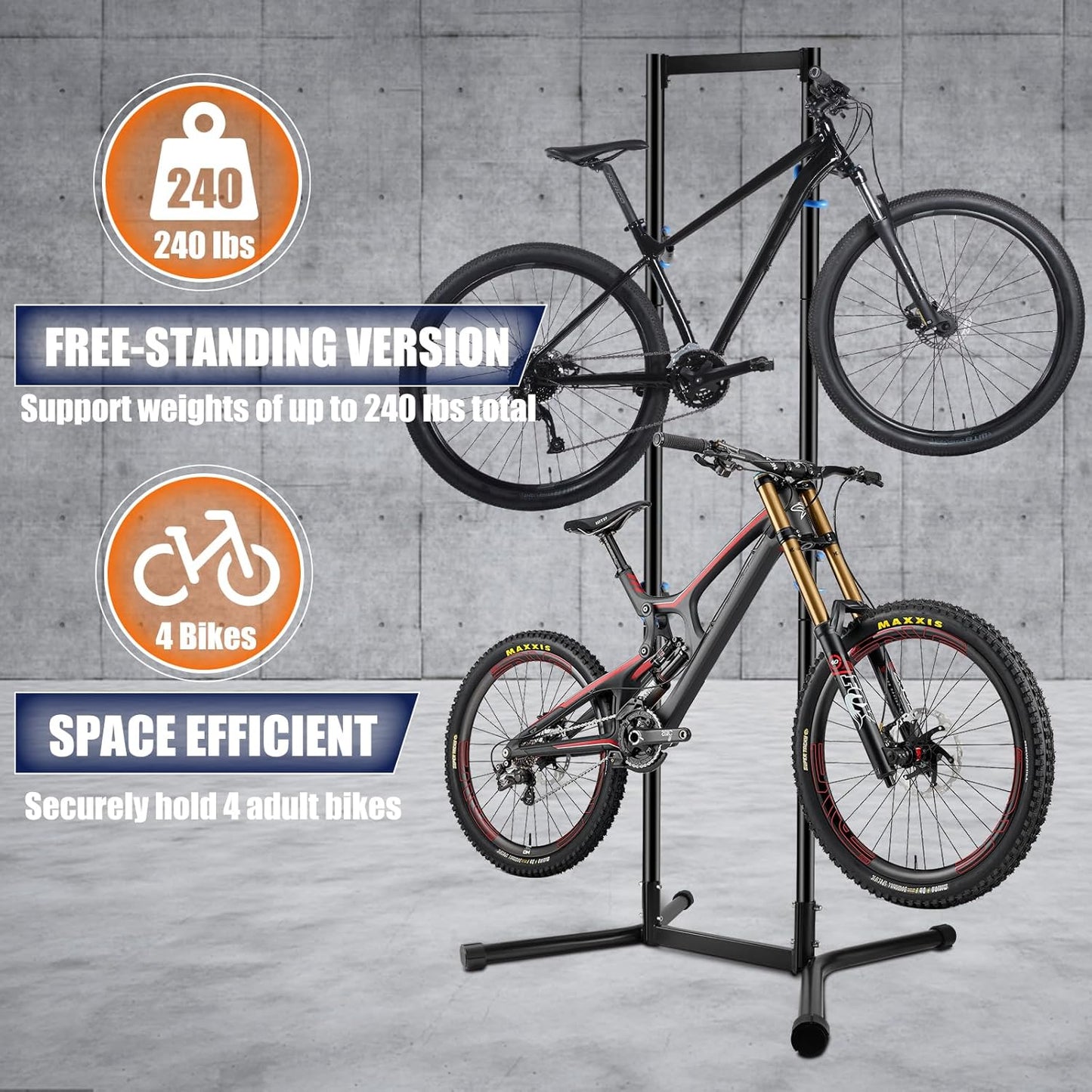 Stand Bike Storage Rack Garage Max 240lbs, Freestanding Gravity Indoor Bike Rack Holds 4 Bikes with Adjustable Arms, Vertical Bike Stand Space Saving for MTB, Road Bike