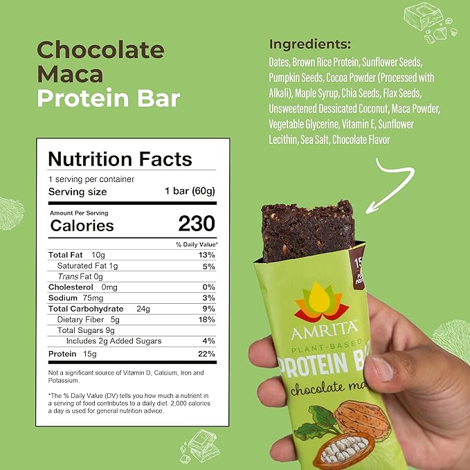 Amrita Nut Free Vegan Protein Bars (12 CT PK of 3) | Chocolate Maca 15g Plant-Based Protein Bar | Peanut-Free, Gluten Free, and Dairy-Free | No Added Sugar, High Fiber, Healthy Snacks for Kids/Adults