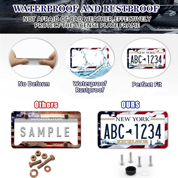 LIN KANG Patriotic American Flag License Plate Frame Holder - 2 Pack Universal Aluminum Matte Stripe US Flag Gloss Car Plate Frame Covers with 2 Holes and Screws Fasteners Caps