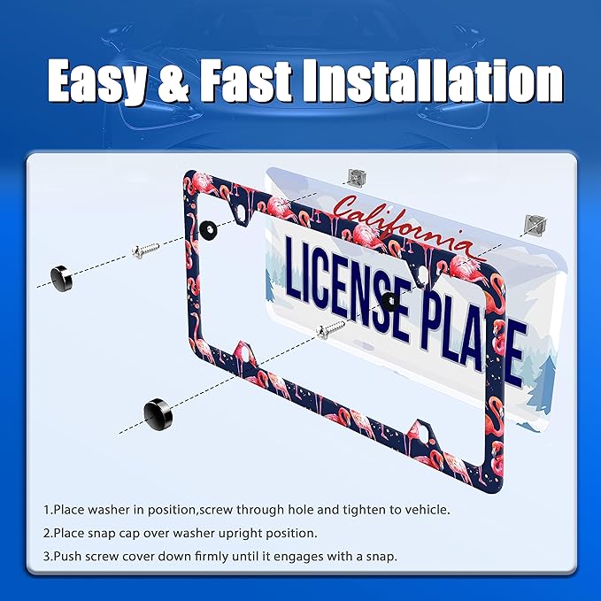 Flamingos License Plate Frame Lovely Pink License Plate Stainless Steel Auto Parts Funny License Plate Decorative with Screws Size 12.3" x 6.3" for Women Men