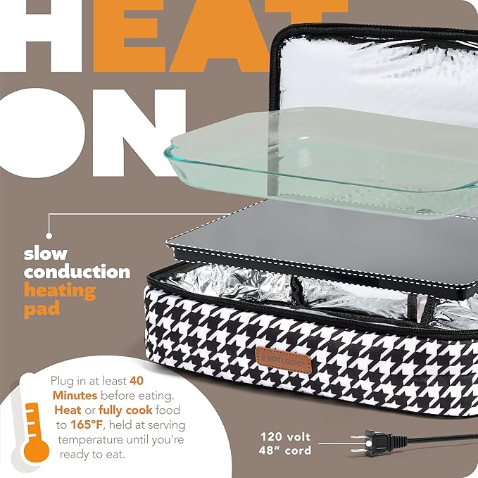 HOTLOGIC Max XP Large Portable Electric Lunch Box Food Heater W/Glass - Expandable Food Warmer Tote and Heated Lunchbox for Adults Work/Car/Home - Reheat, and Keep Your Food Warm - Houndstooth - 120V