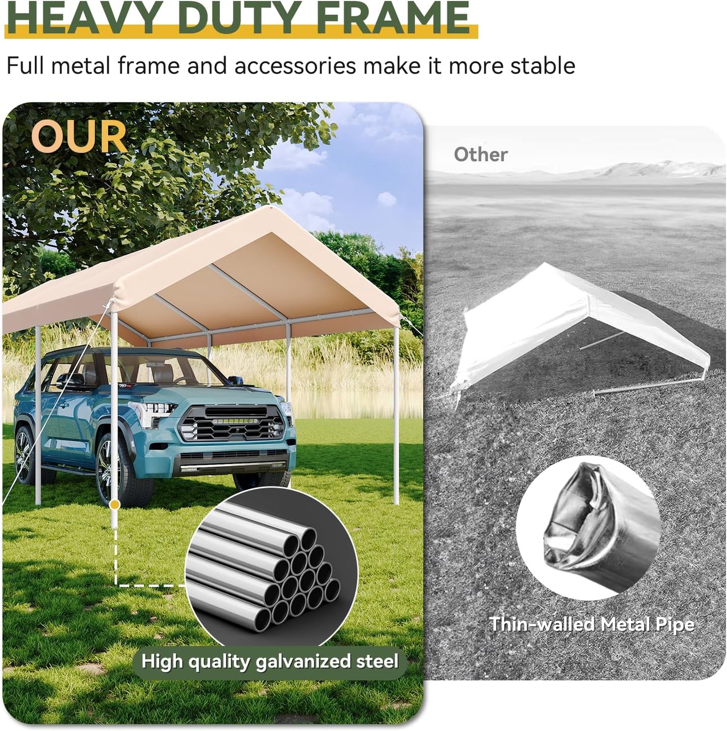 Aoxun 10x20 ft Heavy Duty Carport with Tarp & Wind Resistance Portable Carport Car Tent Outdoor Car Port with Tear Resistant Canopy, No Sidewall - Khaki