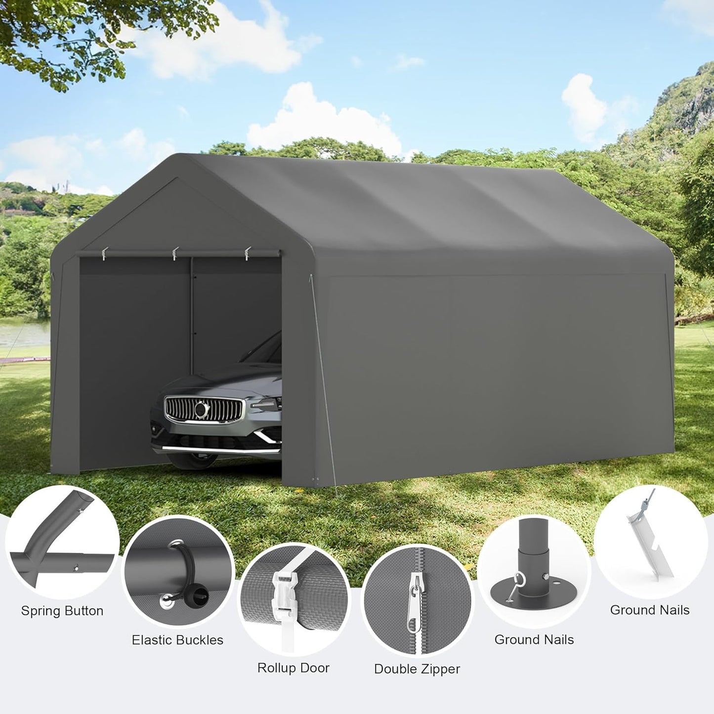 Carport, 10‘ x 20’ Heavy Duty Portable Garage All-Season Car Canopy w/Removable Sidewall & Doors, Carport Canopy Party Tent w/Water-Resistant Tarp for Backyard (Grey, 10‘ x 20’)