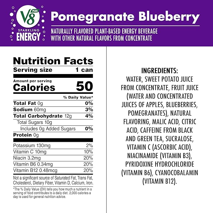 V8 +Energy Sparkling Pomegranate Blueberry Juice Energy Drink, 11.5 fl oz Can (12 Pack)
