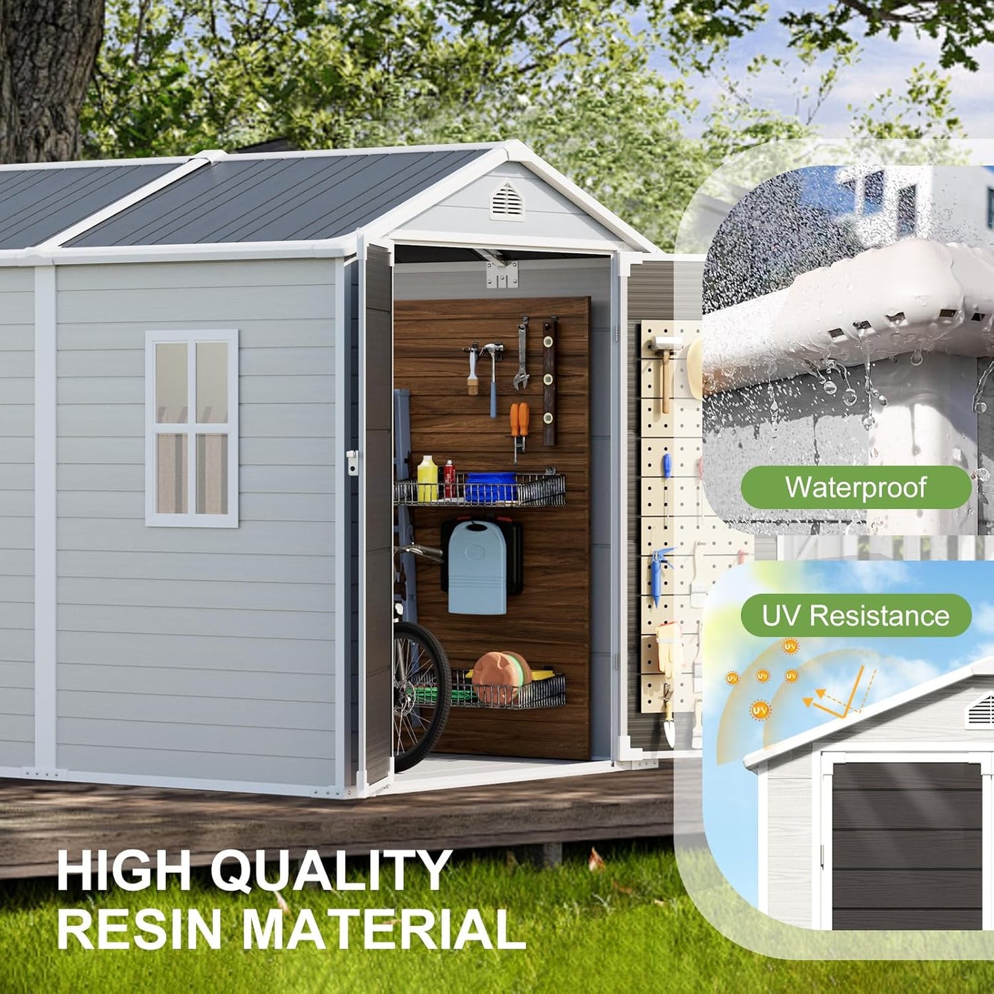 8x6 FT Outdoor Storage Shed, Waterproof Resin Shed with Floor Included & Lockable Door & Window & Vents, Outside Plastic Sheds for Backyard, Patio, Poolside, Lawn, Dove Grey