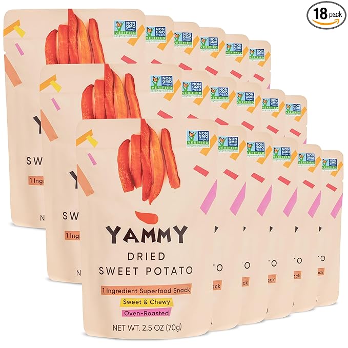 Yammy Dried Sweet Potato Sticks (Pack of 18), 1 Ingredient Superfood Snack, Healthy, 3g Protein, Asian Korean Chinese Japanese Food, Individually Wrapped Snacks For Humans, People, Gluten Free, Vegan