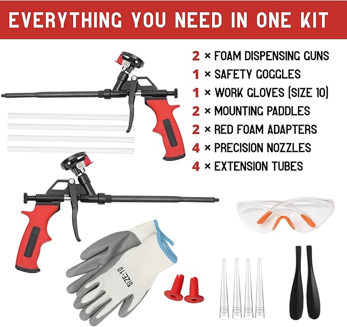 Heavy Duty Spray Foam Gun Kit – Red Insulation Foam Set with 2 Dispensing Guns 10 Nozzles Safety Glasses Removal Tools and Gloves Complete Expanding Dispensing Tool for Professional Use