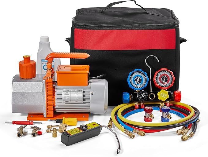 SUNROAD HVAC Air Vacuum Pump Set, 5 CFM 1/2HP A/C Refrigeration AC Manifold Gauge Kit for R410A R134a R12 R22 R502 Auto Air Conditioning Refrigeration Recharging