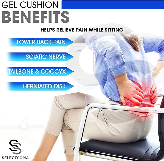 SelectSoma Double-Thick Super Large Gel Seat Cushion- Breathable and Cooling Honeycomb Design - Pressure Relief for Sciatica, Tailbone & Back Pain - Office Chair, Wheelchair, Car & Truck Cushion