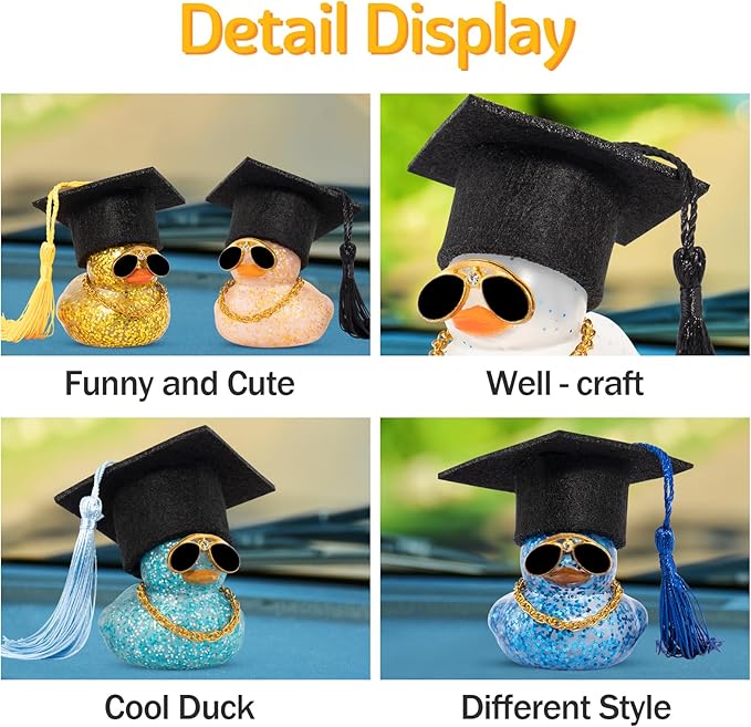 wonuu Car Dashboard Decor Graduation Hat Color Rubber Duck, Car Ducks Ornaments with Mini Graduation Hat Necklace Sunglasses (Transparent)