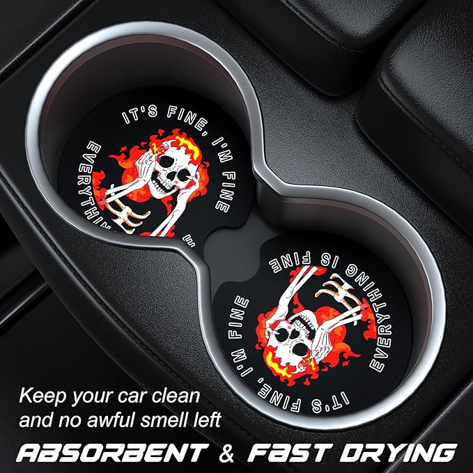 Car Cup Holder Coasters, 2 Pack Universal Auto Anti Slip Insert Coaster with A Finger Notch, Cute Car Assecories for Women Men, Cup Mat for Most Interior, Fine Skull