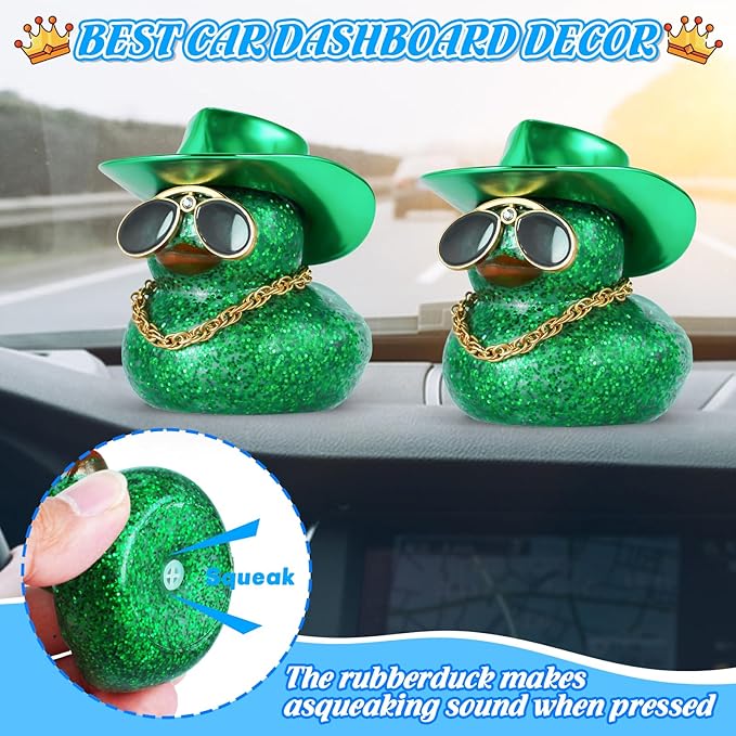 BOZILY Glitter Rubber Ducks with Cowboy Hat & Diamond Sunglasses - Car Dashboard Decor for Adults, DIY Accessory with Gold Necklace and Double-Sided Tape, Green, Squeaky Sound Decoration
