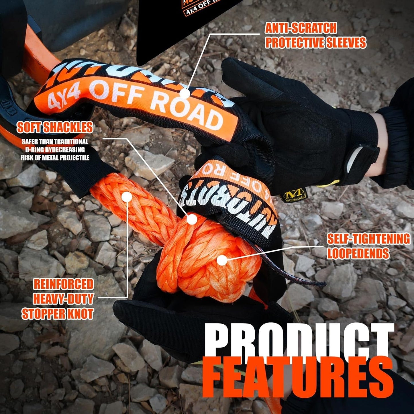 AUTOBOTS Kinetic Recovery Rope 1" x 30'(48,600lbs)+2 Soft Shackles，Heavy Duty Tow Rope Tow Strap for Truck ATV UTV SUV Car，Offroad Recovery Kit