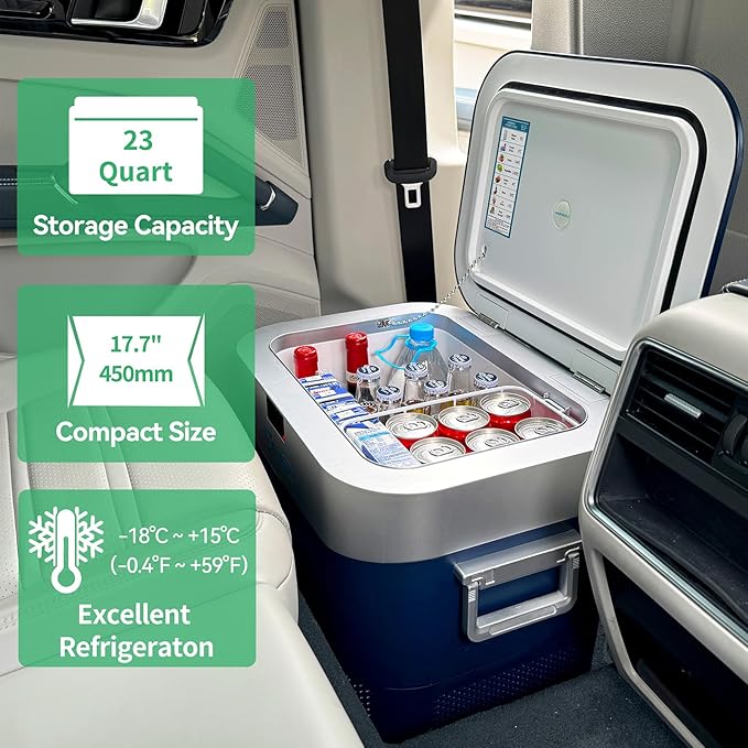Car Refrigerator Portable Car Fridge 12V Refrigerator 23 Quart (22 Liter) Freezer Compressor Cooler 12V/24V DC 110～240 V AC for Outdoor Camping Travel Home Use -18℃~+15℃ (Blue)