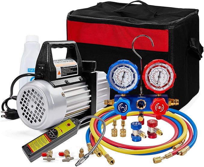 SUNROAD HVAC Air Vacuum Pump Set, 4 CFM 1/3HP A/C Refrigeration AC Manifold Gauge Kit for R410A R134a R12 R22 R502 Auto Air Conditioning Refrigeration Recharging