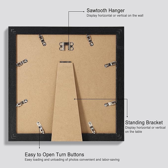 10x10 Picture Frame Set of 4, Made of Glass and Rustic Black Wooden Frame - Display Picture 8x8 with Mat or 10 x 10 Without Mat, 10 by 10 Photo for Wall or Tabletop