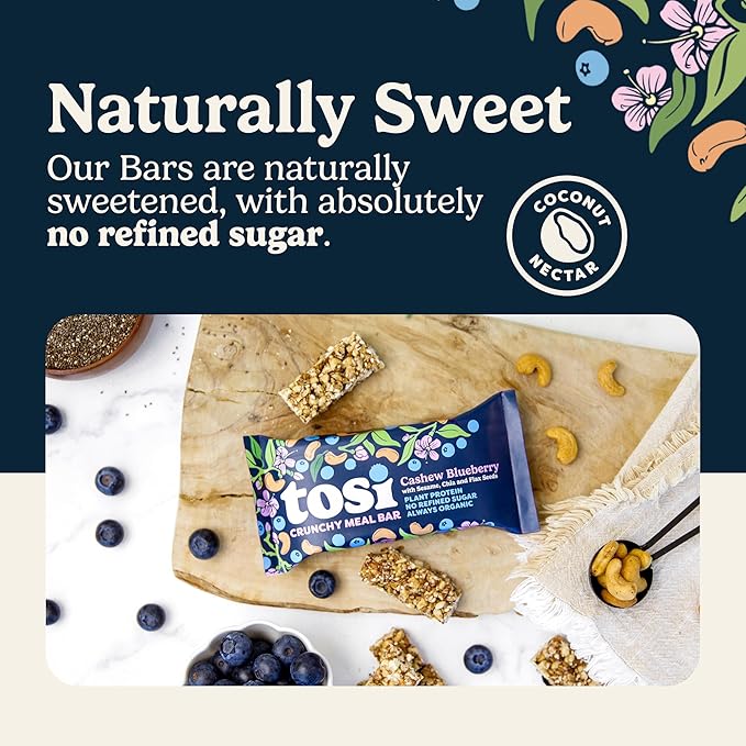 Tosi Cashew Blueberry Protein Bars, Plant Based with Nuts, Gluten-Free Crunchy Snacks, Vegan, Organic, Flax & Chia Seeds, Soy-Free, Omega 3s, 12G Protein, 2.4 oz, 12-Pack