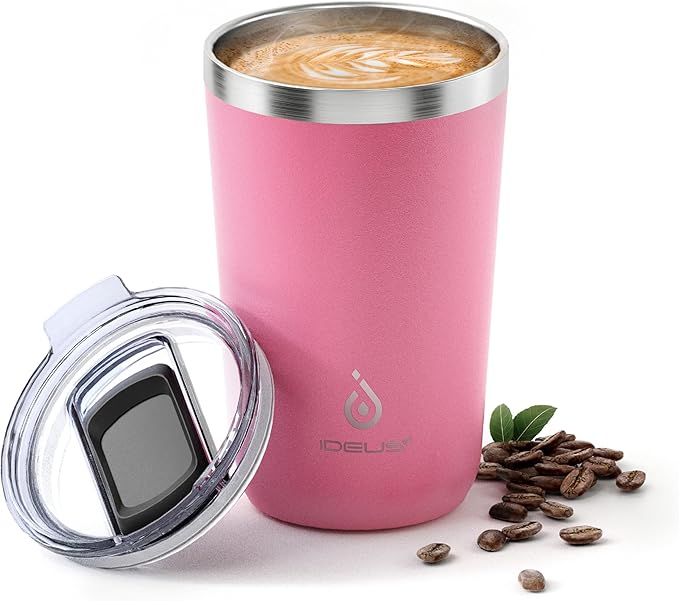 Ideus 20 oz Tumbler, Travel Coffee Mug with Splash Proof Sliding Lid, Double Wall Stainless Steel Vacuum Insulated Coffee Mug for Home and Office, Keep Beverages Hot or Cold, Pink