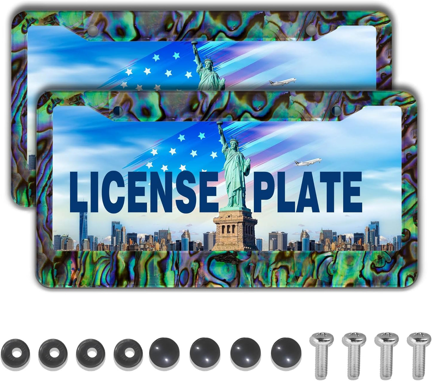 License Plate Frames Multicolor Fun License Plate Frame Cover Faux Abalone Texture Universal Aluminum Car Accessory 2 Pack with Screw Covers Set