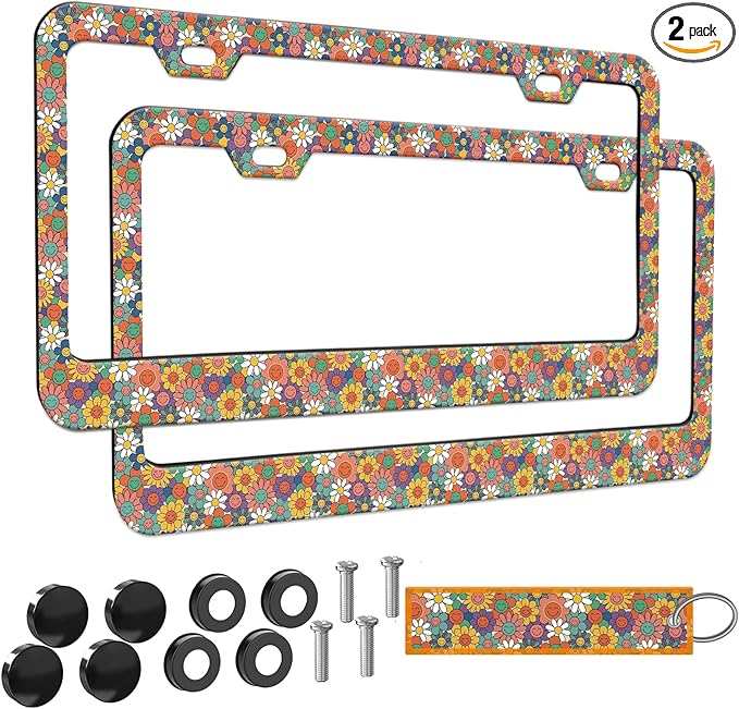 2pcs Colorful Smiling Floral License Plate Frame for Women, Funny Smile Flowers car Decorative tag Frames Girly, Funny Smiley Floral License Plate Cover Holder for Vehicle with car Keychain tag