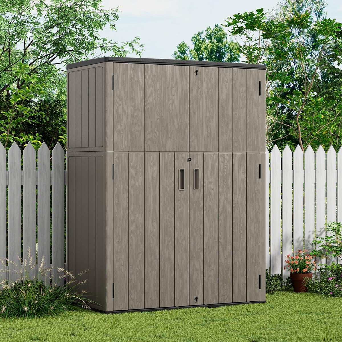 KINYING Outdoor Storage Shed,57 Cu.ft Vertical Outdoor Storage Cabinet Waterproof, Outdoor Resin Tool Shed for Patio Furniture, Garden Tools, Pool Accessories, Lawn Mower(Coffee Color)