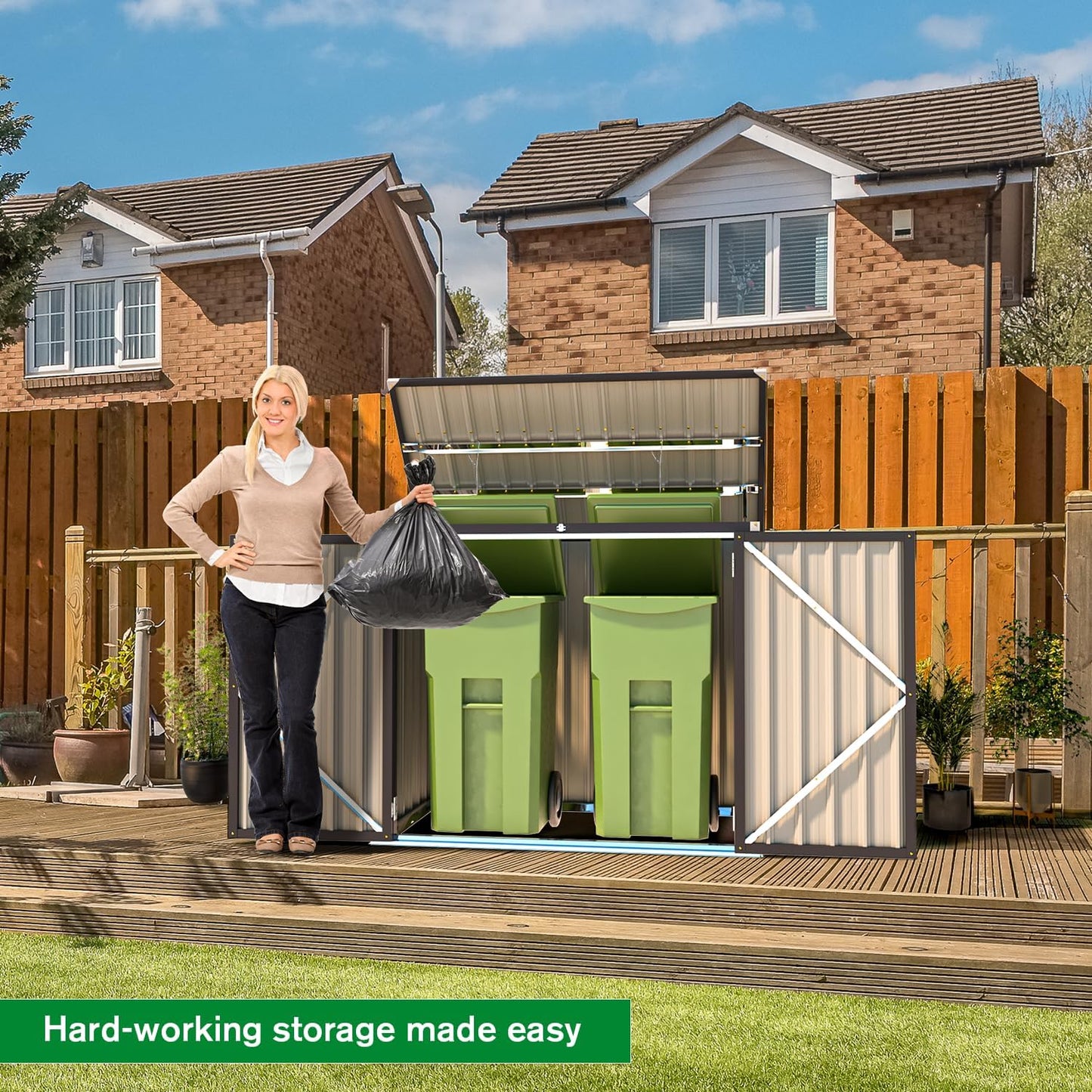 AECOJOY Outdoor Trash Can Storage Shed, 46 Cu.Ft Outside Garbage Can Storage Shed, Dark Grey Outdoor Horizontal Storage Cabinet Waterproof, Bike Sheds & Outdoor Storage Clearance