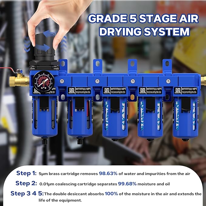 NEWPO 3/8" NPT 5 Stage Air Dryer for Compressor,Brass Filter&Coalescing Filter,Triple Desiccant Dryer Air Drying System,Air Pressure Regulator with Semt-Auto Drain (Blue)