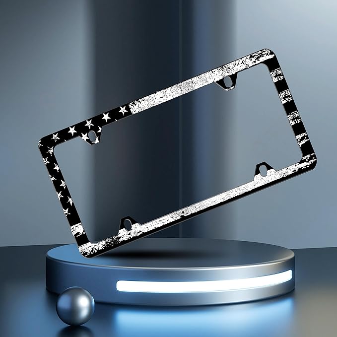 2 Pcs Vintage Black White American Flag License Plate Frame Patriotic Personalise Stainless Steel Funny Design Compatible with Standard License Plate Holder for USA and Canada 6 X 12 with Screws