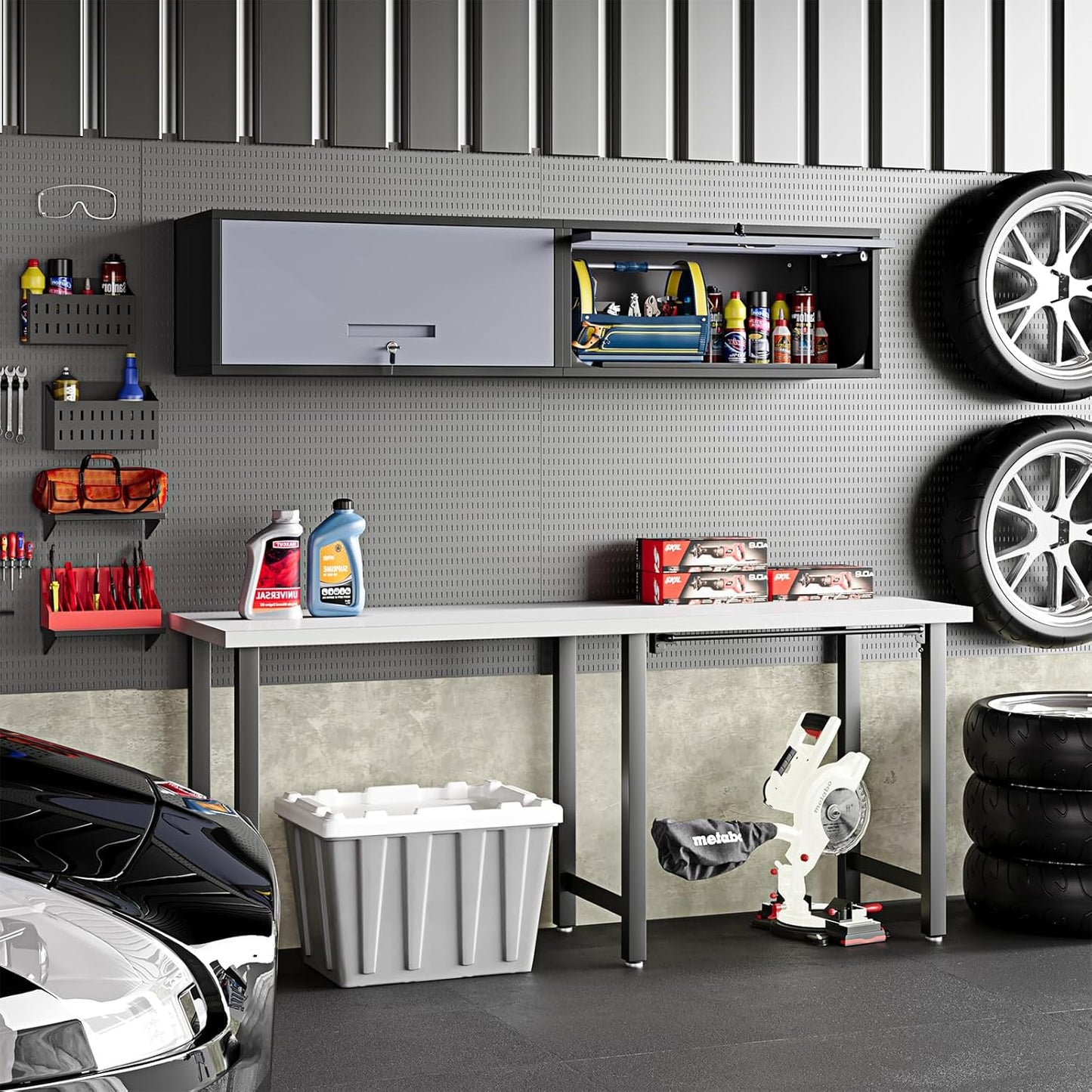 Wall Mounted Steel Metal Garage Storage Cabinet, Wall Cabinet Shelf Floating Garage Tool Cabinet Trailer Cabinets Work Shop Wall Heavy Duty Assembly Required White