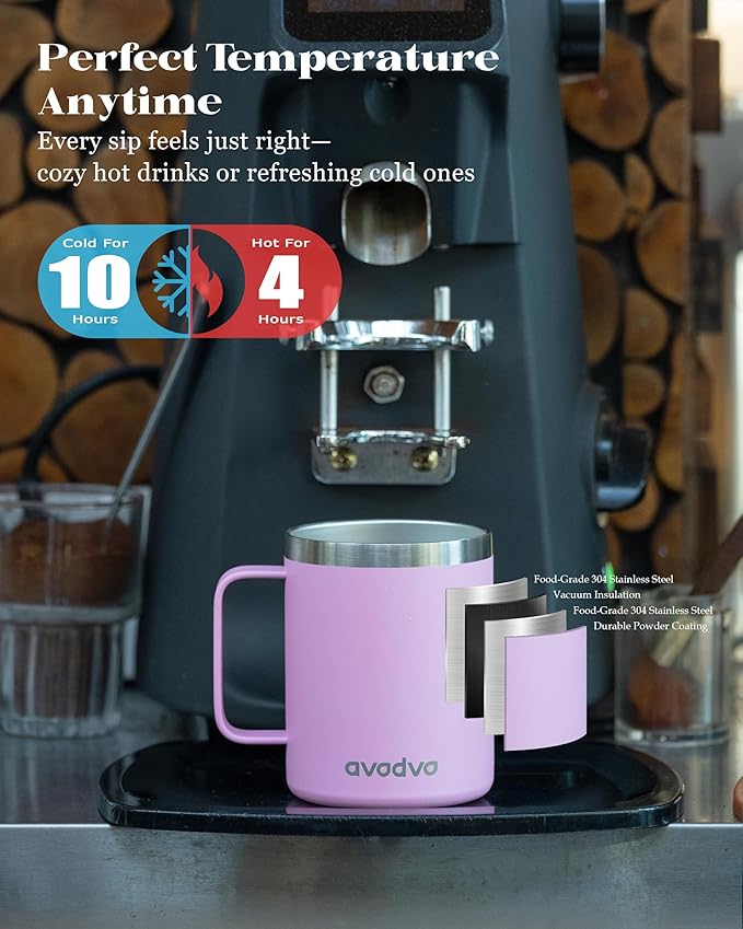 12oz Insulated Coffee Mug with Lid – Includes Two Lids, Stainless Steel Coffee Travel Mug with Handle, Double Wall Vacuum Insulated Camping Mug for Home, Office & Outdoor, Pink