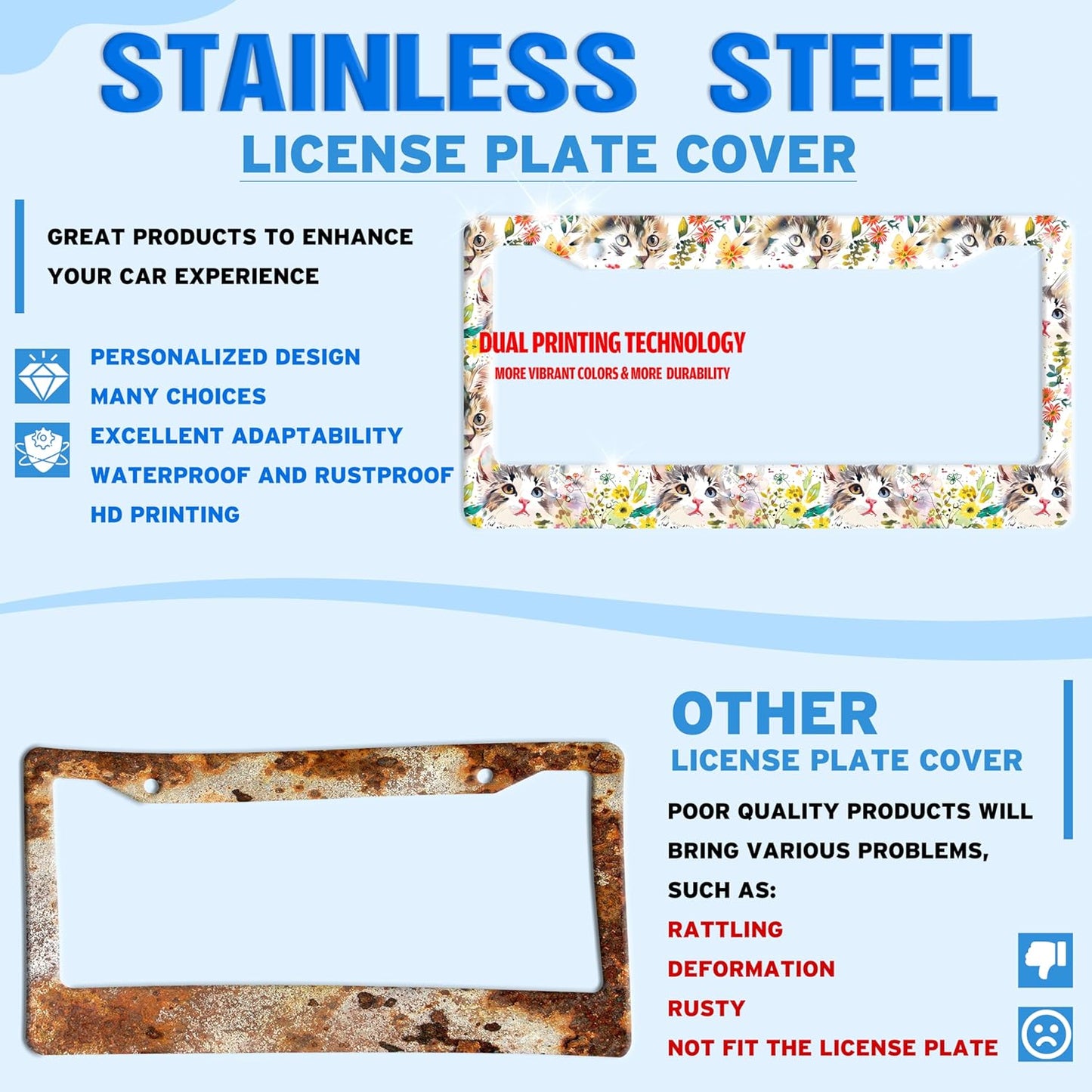 Cute Cat License Plate Frame Kitten Stainless Steel License Plate Holder for Front or Rear Car Tags Funny for Car Decoration Accessories with Screws 6.3 X 12.2 in for Women Men