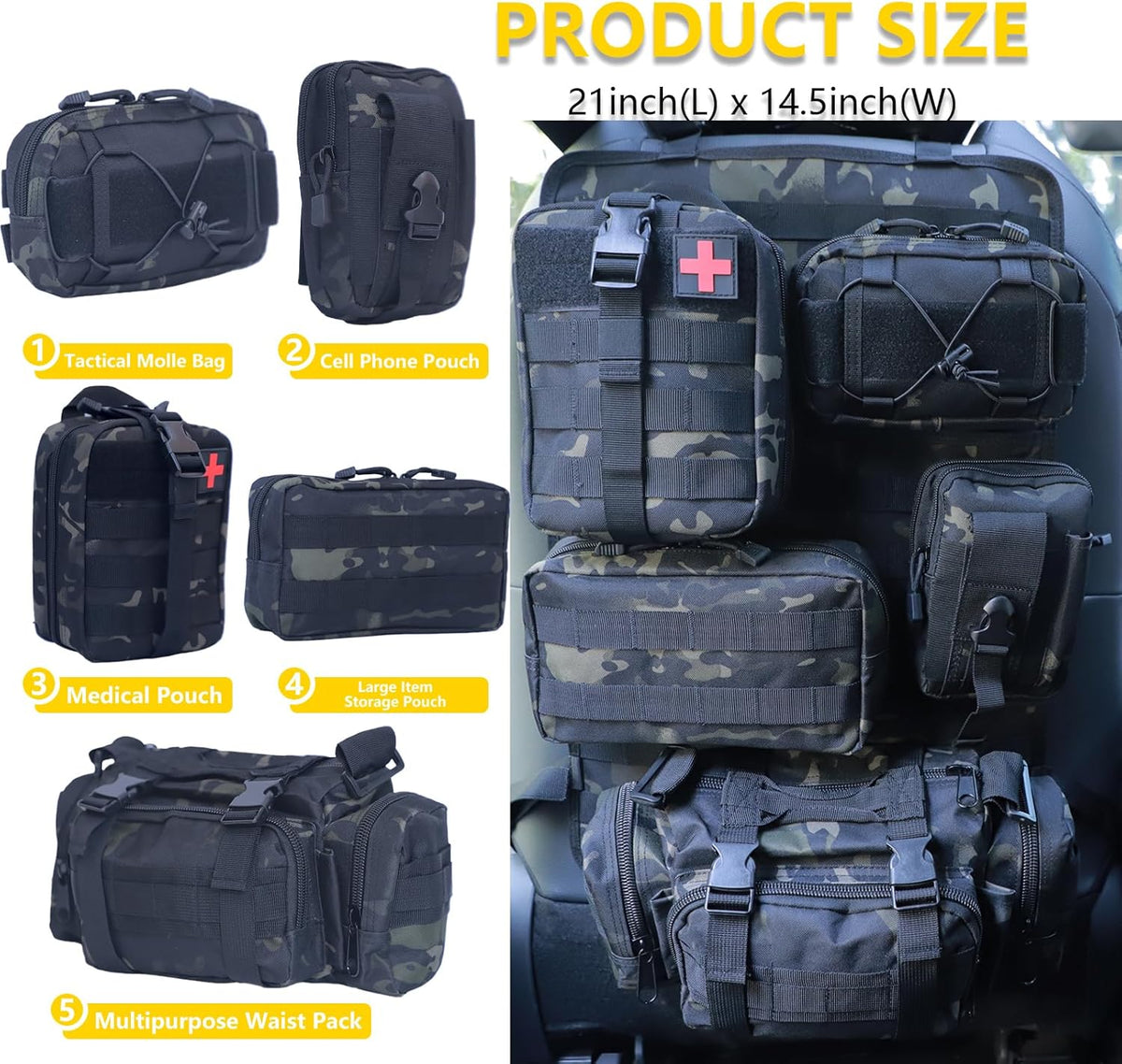 Universal Tactical Seat Back Organizer Vehicle Molle Panel Organizer Storage Bag with 5 Detachable Molle Pouch for All Vehicel Such as Jeep,Truck,SUV, Car, Ford,Chevy etc