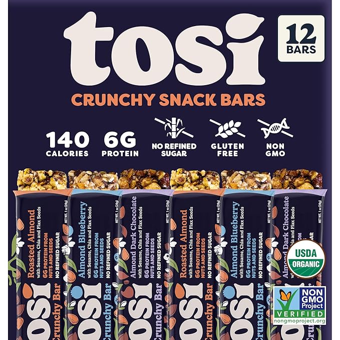 Tosi Almond Variety Pack Protein Bars, Plant Based with Nuts, Gluten-Free Crunchy Snacks, Vegan, Organic, Flax & Chia Seeds, Soy-Free, Omega 3s, 5G Protein, 1 oz, 12-Pack