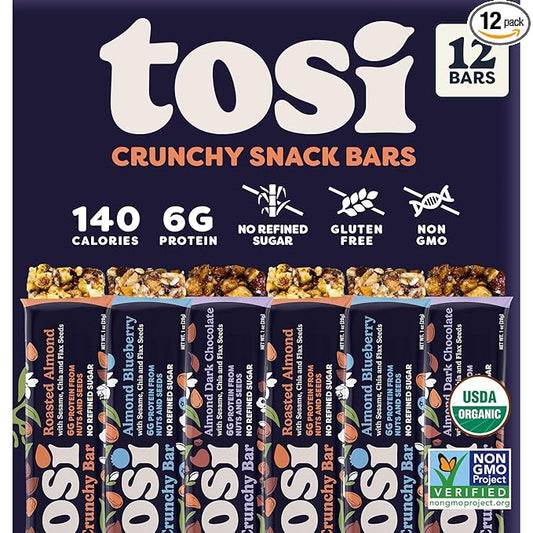 Tosi Cashew Coconut and Dark Chocolate Peanut Protein Bars Combo, Plant Based with Nuts, Gluten-Free Crunchy Snacks, Vegan, Organic, Flax & Chia Seeds, Soy-Free, Omega 3s, 6G/8G Protein, 1 oz, 12-Pack