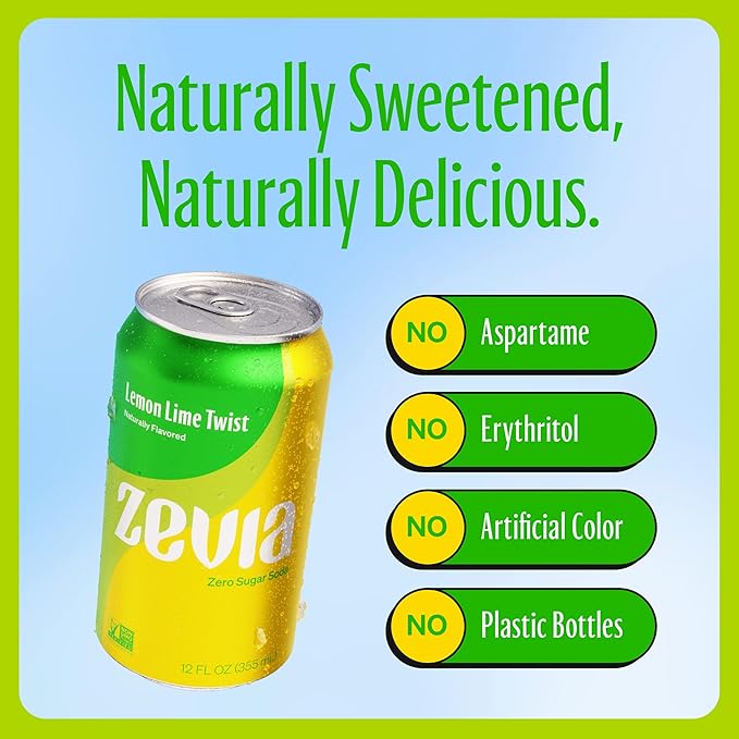 Zevia Zero Sugar Soda, Lemon Lime Twist, 12 oz Cans (24-Pack) – Naturally Sweetened, Non-GMO Project Verified, Gluten-Free, Vegan