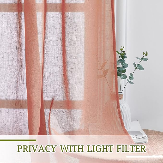 NICETOWN Linen Semi Sheer Curtains for French Door, Grommet Rustic Farmhouse Linen Curtains & Drapes Privacy with Light Through for Bedroom/Home Office, Burnt Orange, W70 x L96, 1 Pair