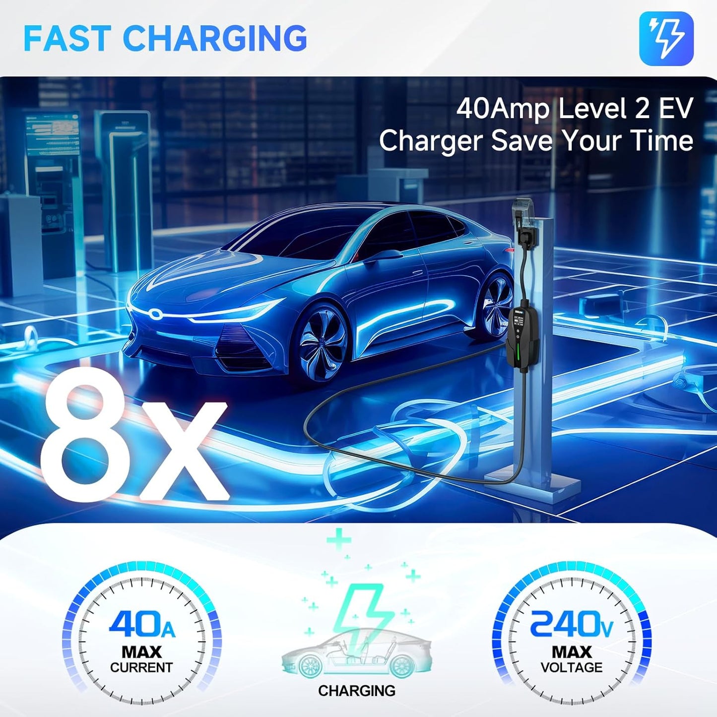 Level 2 EV Charger, 40Amp Electric Car Chargers 25FT Cable with NEMA 14-50 Plug, Adjustable Current, Timing Delay Electric Vehicle Chargers for J1772 BEVs/PHEVs 240V 9.6kW