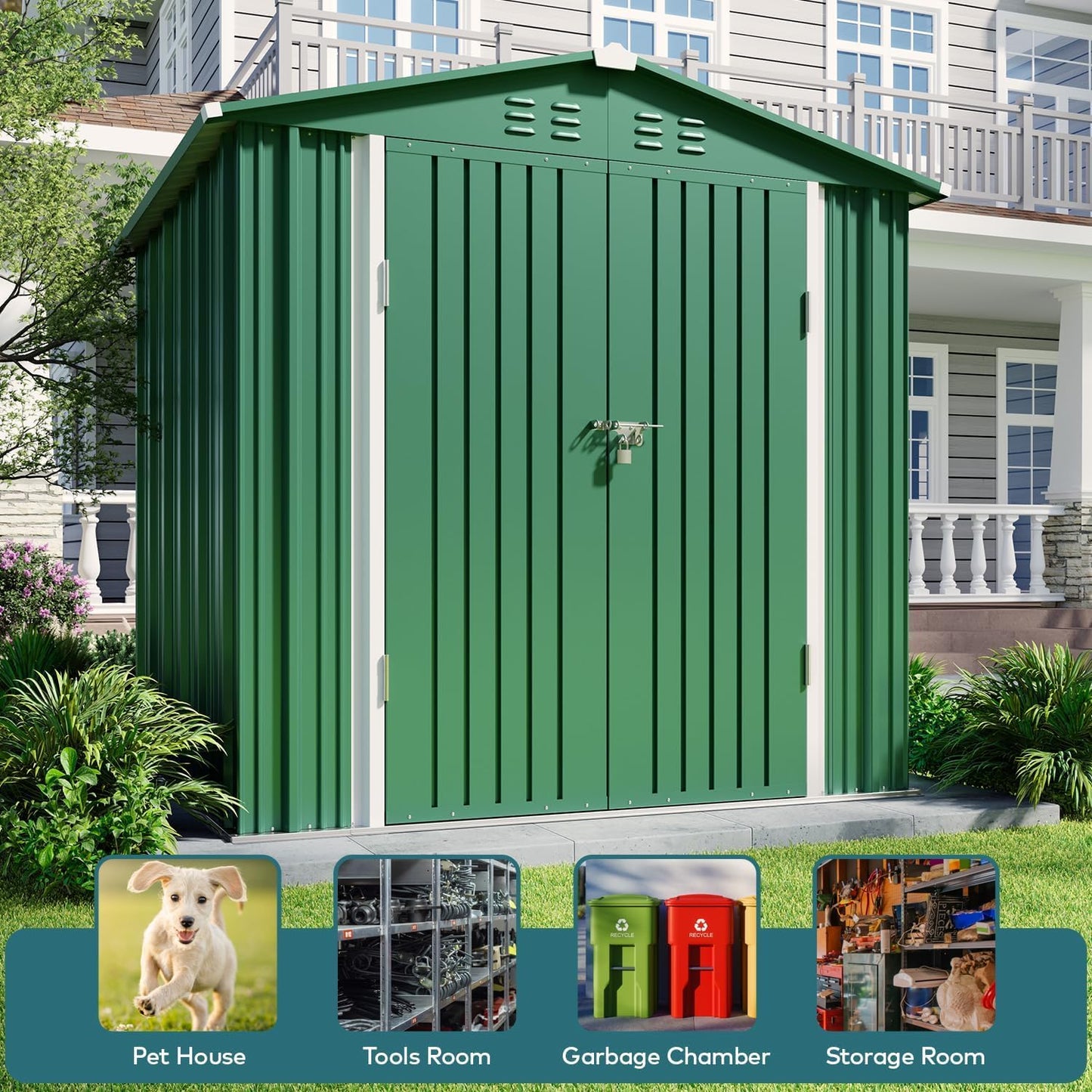 Gizoon Outdoor Storage Shed 6 x 4 FT, Galvanized Metal Garden Shed with Double Lockable Doors, Outdoor Storage Clearance for Backyard Patio Lawn-Green