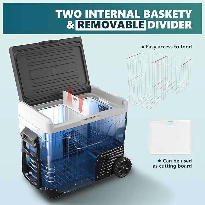EUHOMY 12 Volt Refrigerator, 53QT(50L) Electric Cooler, Portable Freezer 12V/24V DC 100-240V AC, 12V Fridge -4℉~68℉, 12V Cooler with Wheels & 2 Baskets for Travel, Truck, Boat, Camping