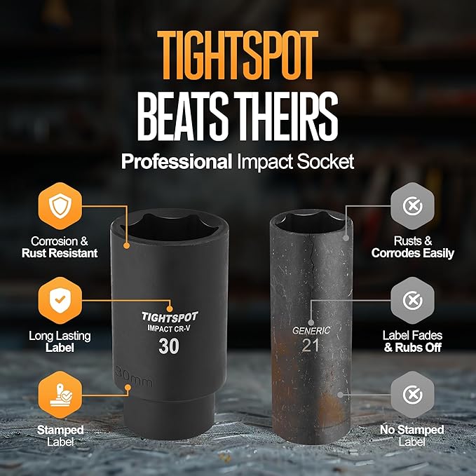 TIGHTSPOT 1/2 Inch Drive 30 mm Deep Impact Socket with Anti-Rounding 6 Point Design, Heat-Treated CRV Steel