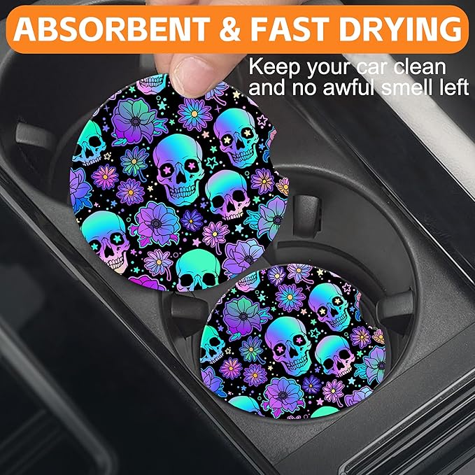 Skulls and Flowers Car Cup Holder Coaster, Car Coasters for Cup Holder, 2 Pack Bright Human Skulls Anti-Slip Absorbent Ceramic Car Cup Coasters for Women Men with Finger Notch Cork Base 2.56"