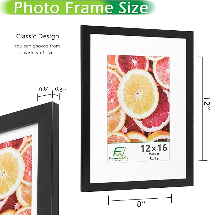 FrameWorks 2-Pack, 12x16 Matted to 8x12 Picture Frame, Dark Oak ??Classic Wooden Photo Frame with Tempered Glass, Modern Matte Finish for Prints, Posters, Certificates & Wall Decor ??Gallery-Ready