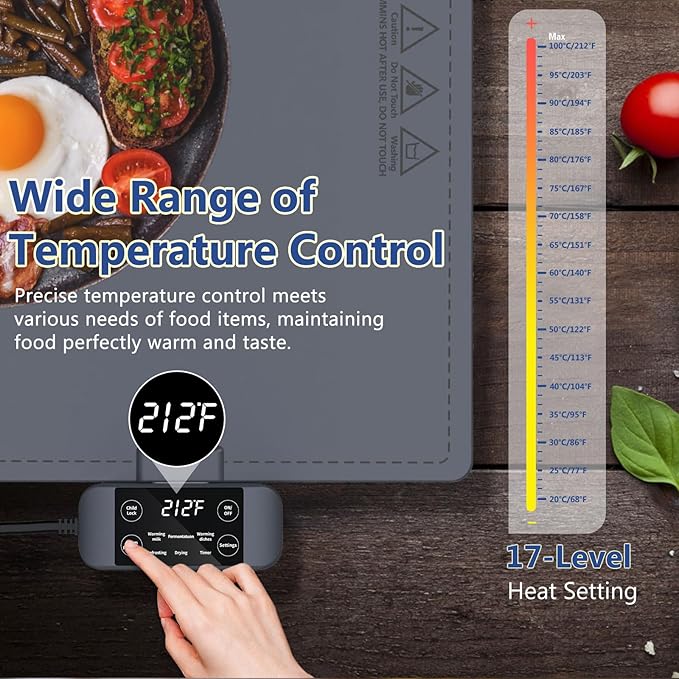 Waterproof Electric Food Warming Mat, Food Grade Silicone Warming Tray with 17 Temp Setting and 6 Hours Timer, Full Surface Heating Mat, Roll Up Food Warmers for Parties Buffet (Dark Gray)