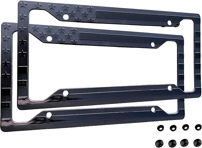 TACTILIAN American Flag License Plate Frame (2 Pack) Subdued 3D Embossed USA Flag in Black Gloss on Matte Finish for Car, Truck or SUV (Gloss on Matte Black)