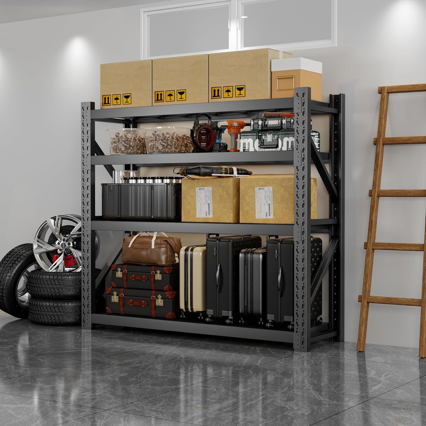 3000LBS Heavy Duty Storage Shelves,78''H Metal Garage Shelving, 4-Tier Adjustable Garage Organization Shelving Units, Industrial Shelving for Warehouse,Workshop- Classic Black
