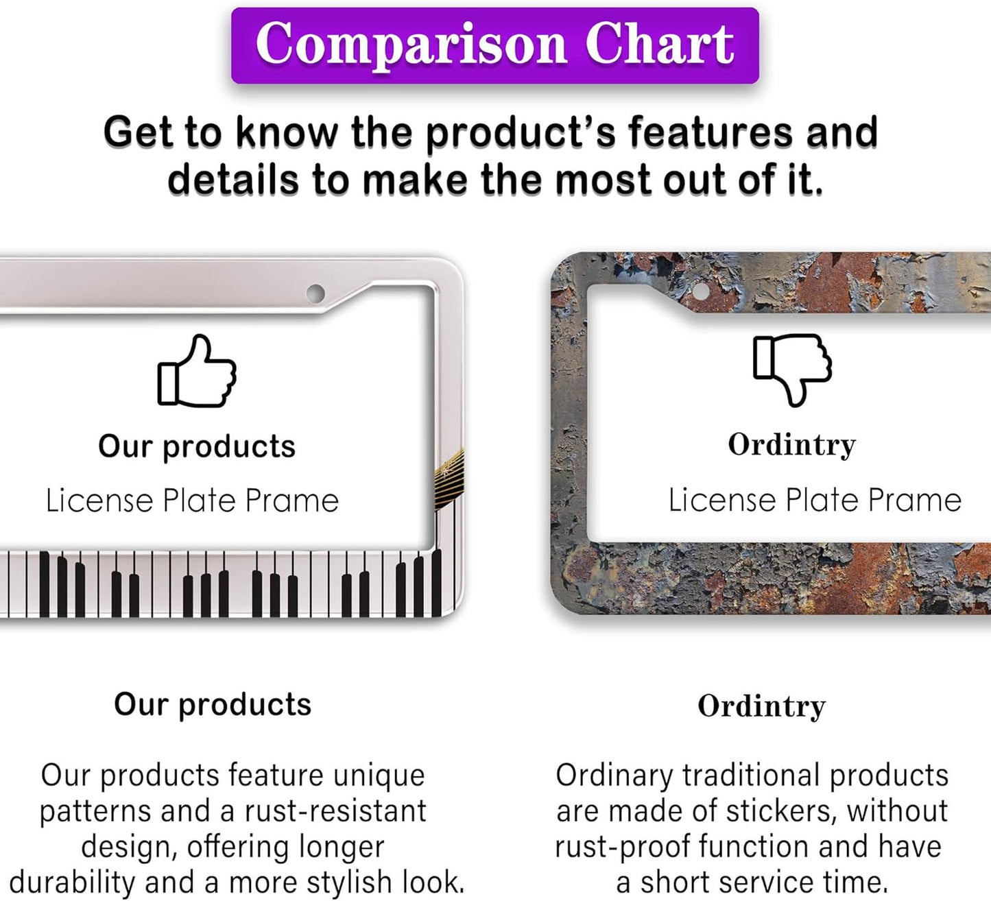 License Plate Bracket Black and White License Plate Frames Beautiful Piano Keys Music Notes Aluminum Metal Car Accessory 2 Pack with Screw Covers Set