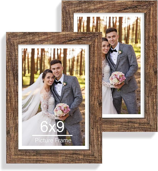 6x9 Picture Frame Set of 2, Made of Real Glass and Rustic Brown Wooden Frame - 6 by 9 Photo for Wall or Tabletop Display
